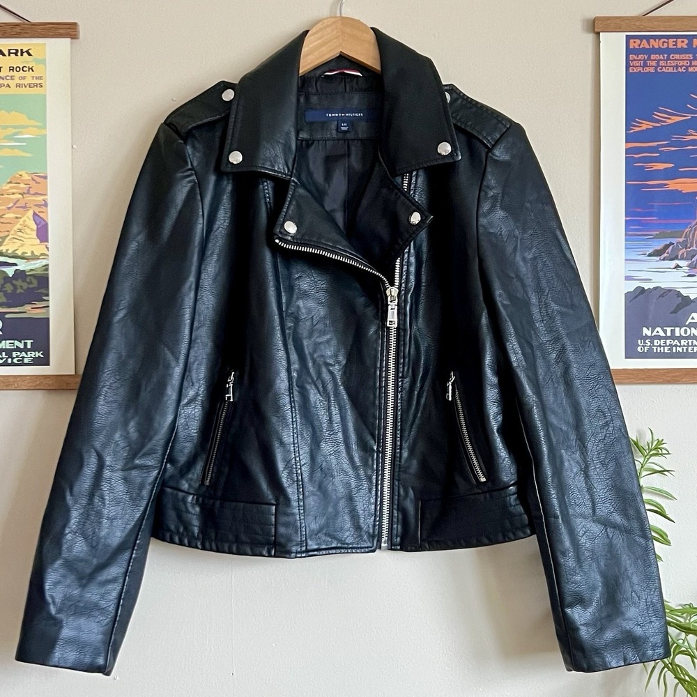 Tommy Hilfiger Women's Faux Leather Moto Jacket Large EUC Spring Summer Black